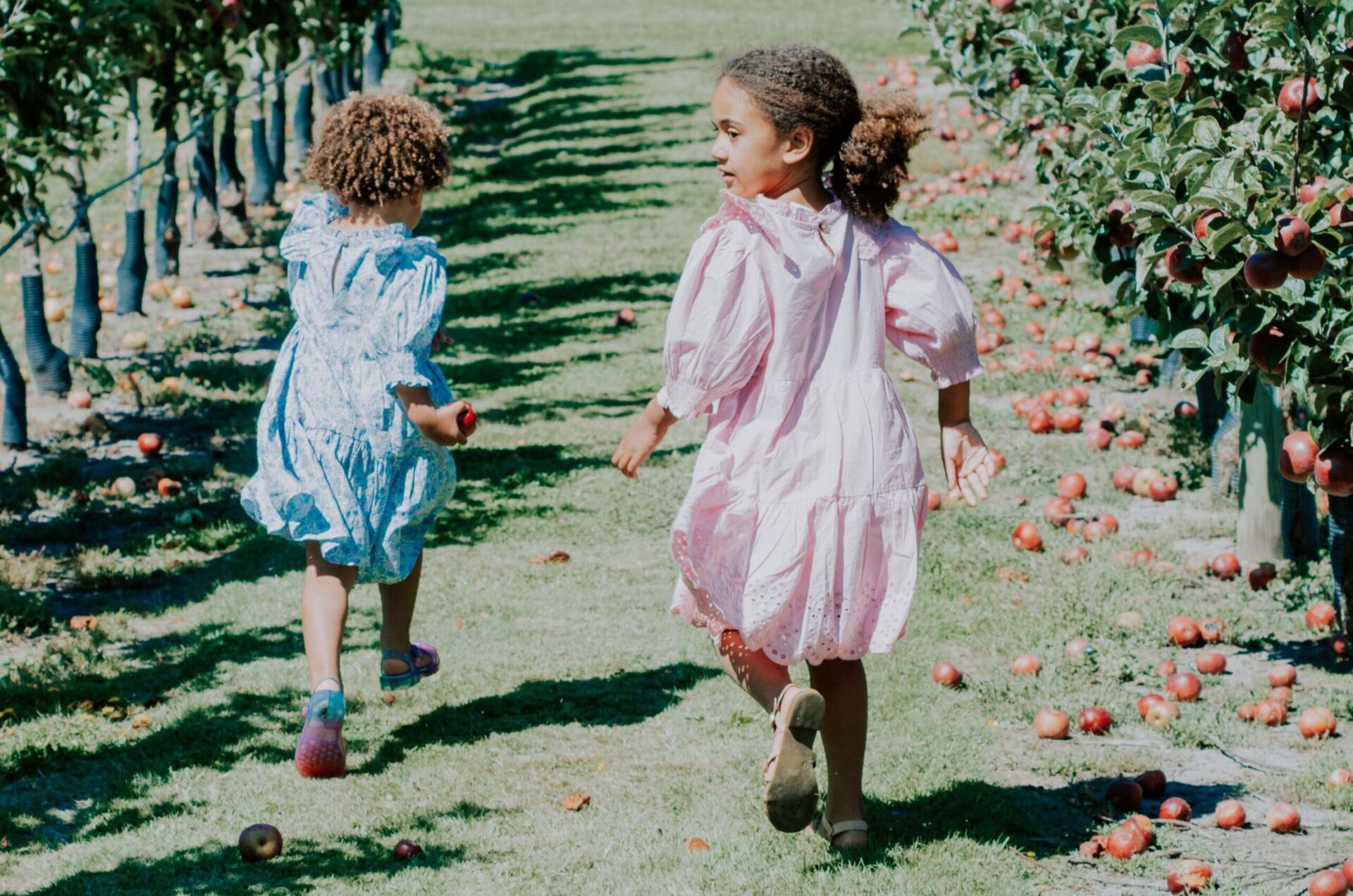 two kids running through field of apples, one wearing pink dress, the other wear blue